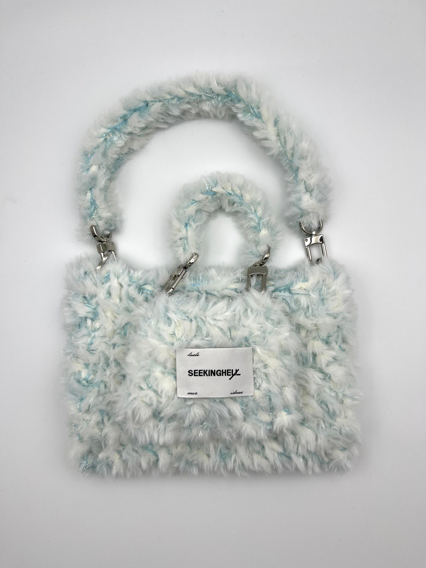 Seekinghel_ Fluffy Pocket Bag _Top Handle(White_Blue)